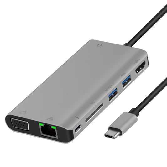 Onten 9591BD 8 in 1 USB-C / Type-C to PD USB-C / Type-C Charging + Gigabit Ethernet + Dual USB 3.0 + HDMI + VGA + SD Card Slot + 3.5mm AUX HUB(Grey) - USB HUB by Onten | Online Shopping South Africa | PMC Jewellery | Buy Now Pay Later Mobicred