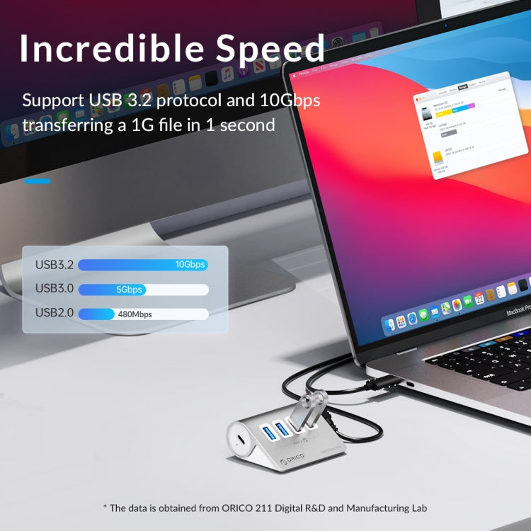 ORICO M3U4 Aluminum Alloy 4-Port USB 3.2 Gen1 10Gbps HUB (Silver) - free shipping - PMC Jewellery - Order now!