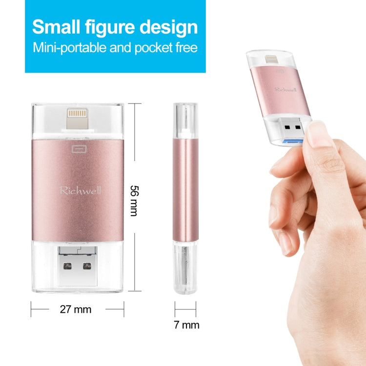 Richwell 3 in 1 64G Type-C + 8 Pin + USB 3.0 Metal Double Cover Push-pull Flash Disk with OTG Function(Black) - free shipping - PMC Jewellery - Order now!