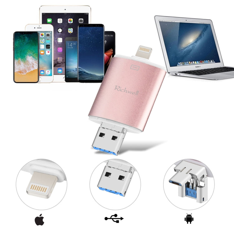 Richwell 3 in 1 64G Type-C + 8 Pin + USB 3.0 Metal Double Cover Push-pull Flash Disk with OTG Function(Black) - free shipping - PMC Jewellery - Order now!