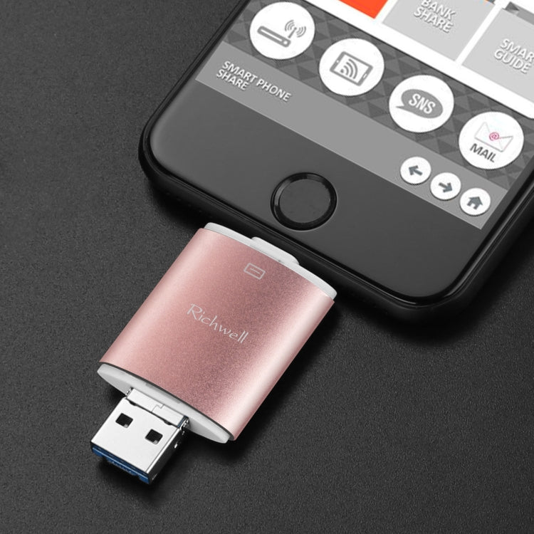 Richwell 3 in 1 64G Type-C + 8 Pin + USB 3.0 Metal Double Cover Push-pull Flash Disk with OTG Function(Black) - free shipping - PMC Jewellery - Order now!