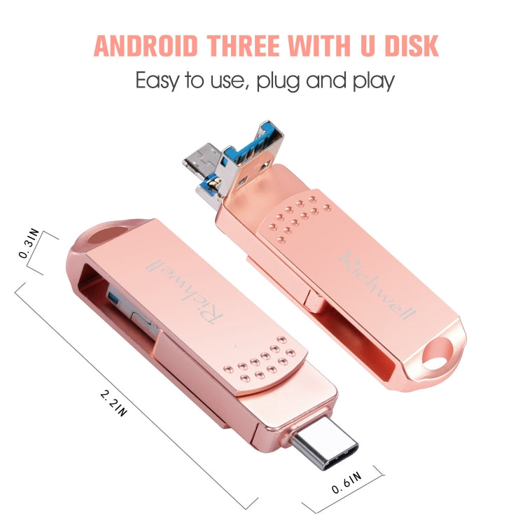 Richwell 3 in 1 16G Type-C + Micro USB + USB 3.0 Metal Flash Disk with OTG Function(Rose Gold) - U Disk & Card Reader by Richwell | Online Shopping South Africa | PMC Jewellery | Buy Now Pay Later Mobicred