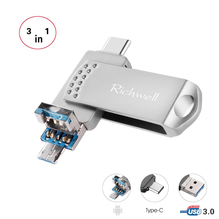 Richwell 3 in 1 32G Type-C + Micro USB + USB 3.0 Metal Flash Disk with OTG Function(Silver) - U Disk & Card Reader by Richwell | Online Shopping South Africa | PMC Jewellery | Buy Now Pay Later Mobicred