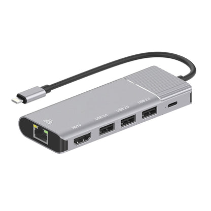 79591 6 in 1 8 Pin to RJ45 + HDMI + 8 Pin Charging + 3 USB 2.0 Ports Multifunctional HUB Converter Docking Station - USB HUB by PMC Jewellery | Online Shopping South Africa | PMC Jewellery | Buy Now Pay Later Mobicred