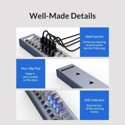 ORICO AT2U3-13AB-GY-BP 13 Ports USB 3.0 HUB with Individual Switches & Blue LED Indicator, UK Plug - USB 3.0 HUB by ORICO | Online Shopping South Africa | PMC Jewellery | Buy Now Pay Later Mobicred