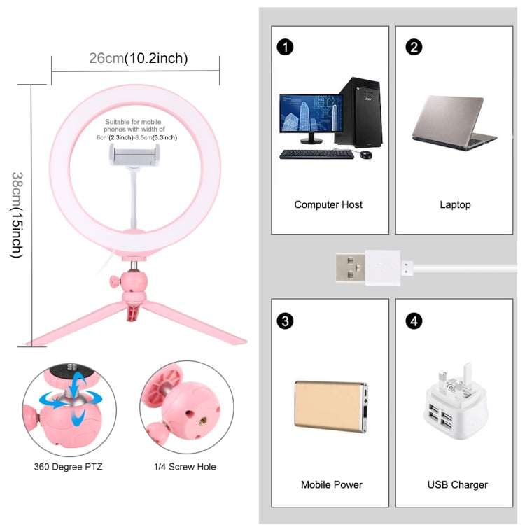 PULUZ 10.2 inch 26cm Selfie Beauty Light + Desktop Tripod Mount USB 3 Modes Dimmable LED Ring Vlogging Selfie Photography Video Lights with Cold Shoe Tripod Ball Head & Phone Clamp(Pink) - Ring Light by PULUZ | Online Shopping South Africa | PMC Jewellery | Buy Now Pay Later Mobicred