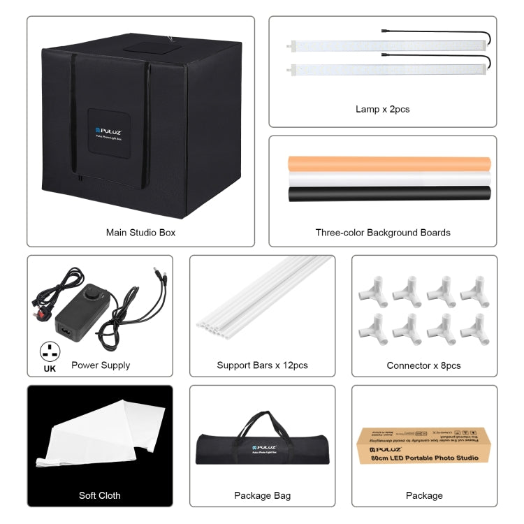 PULUZ 80cm Folding Portable 80W 9050LM White Light Photo Lighting Studio Shooting Tent Box Kit with 3 Colors (Black, White, Orange) Backdrops(UK Plug) -  by PULUZ | Online Shopping South Africa | PMC Jewellery | Buy Now Pay Later Mobicred