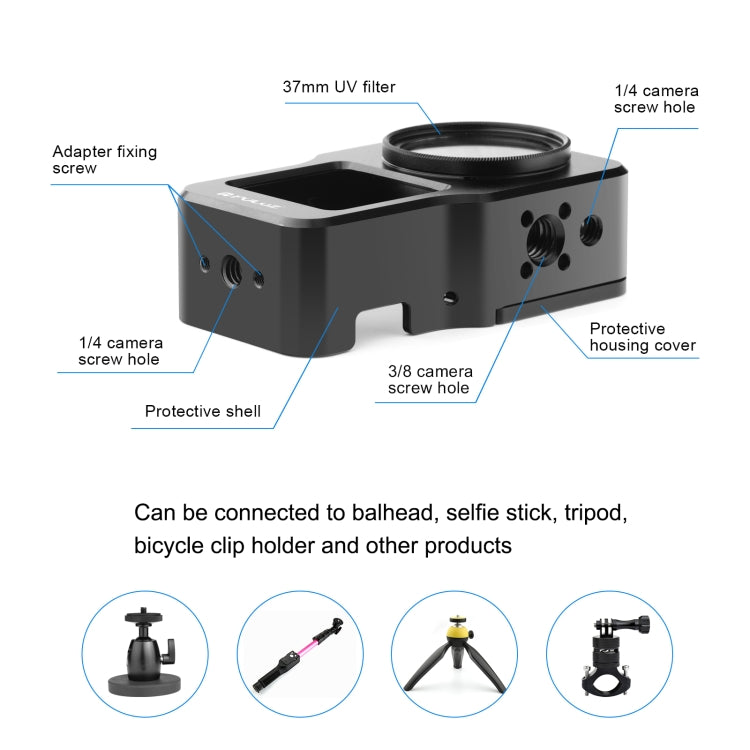 PULUZ CNC Aluminum Alloy Cage for DJI Action 2(Black) - free shipping - PMC TechLife - Order now!