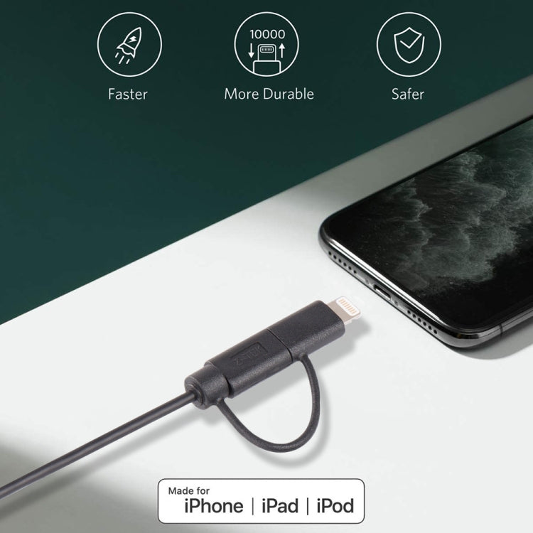 1m MFI 2 in 1 8 pin + Micro USB 2.0 Male to USB Data Sync Charging Cable(White) - free shipping - PMC Jewellery - Order now!