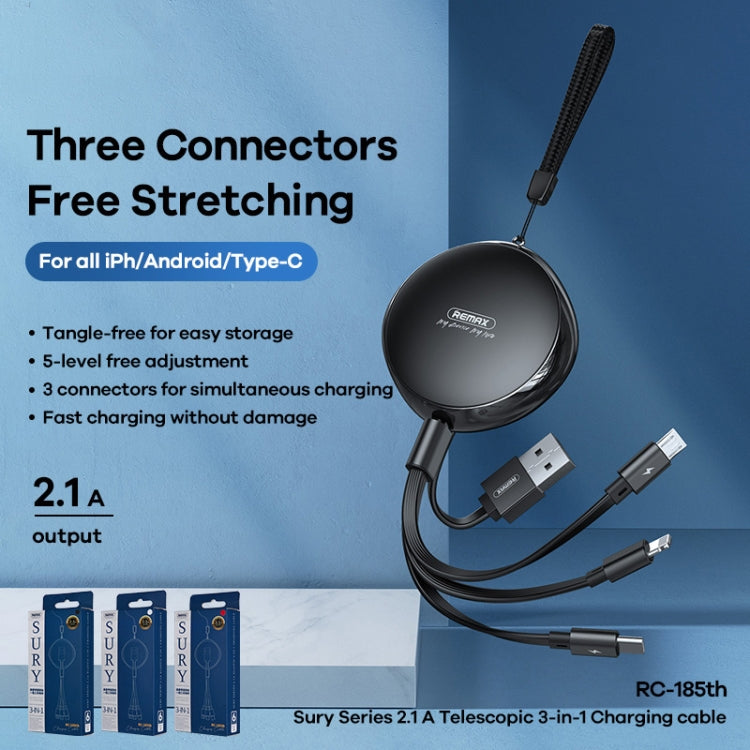 REMAX RC-185th 3 in 1 2.1A USB to 8 Pin + USB-C / Type-C + Micro USB Sury Series Telescopic Charging Data Cable(Black) - Multifunction Cable by REMAX | Online Shopping South Africa | PMC Jewellery | Buy Now Pay Later Mobicred