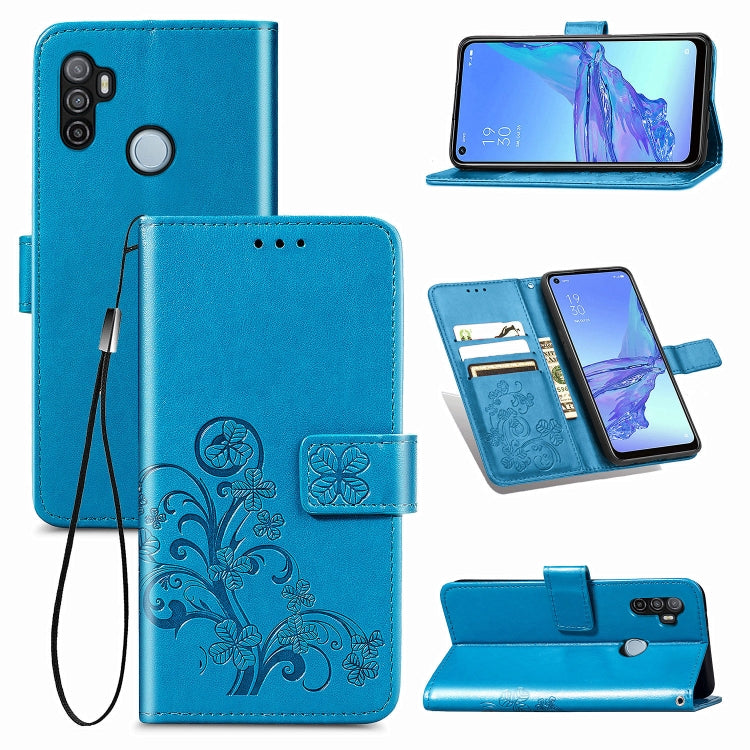 For Oppo A53 2020 Four-leaf Clasp Embossed Buckle Mobile Phone Protection Leather Case with Lanyard & Card Slot & Wallet & Bracket Function(Blue) - OPPO Cases by PMC Jewellery | Online Shopping South Africa | PMC Jewellery | Buy Now Pay Later Mobicred