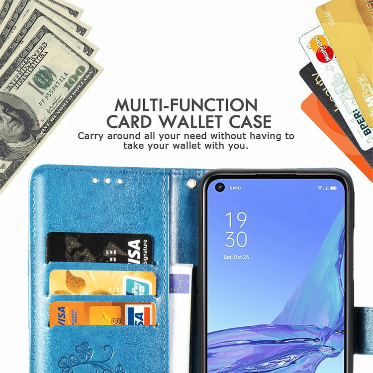 For Oppo A53 2020 Four-leaf Clasp Embossed Buckle Mobile Phone Protection Leather Case with Lanyard & Card Slot & Wallet & Bracket Function(Blue) - OPPO Cases by PMC Jewellery | Online Shopping South Africa | PMC Jewellery | Buy Now Pay Later Mobicred