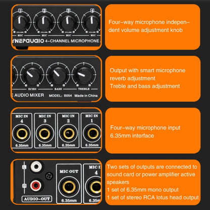 B054 4-Channel Microphone Mixer Support Stereo Output With Reverb Treble And Bass Adjustment, USB 5V Power Supply, US Plug -  by PMC Jewellery | Online Shopping South Africa | PMC Jewellery