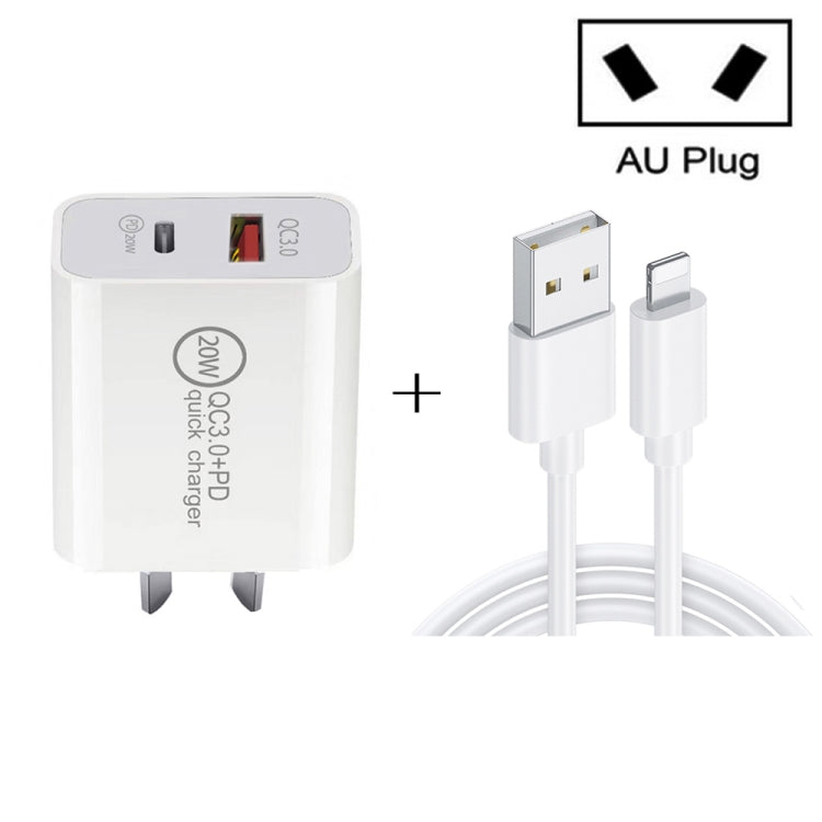 TCS-20WACA 20W PD Type-C + QC 3.0 USB Interface Fast Charging Travel Charger with USB to 8 Pin Fast Charge Data Cable AU Plug - USB Charger by PMC Jewellery | Online Shopping South Africa | PMC Jewellery | Buy Now Pay Later Mobicred