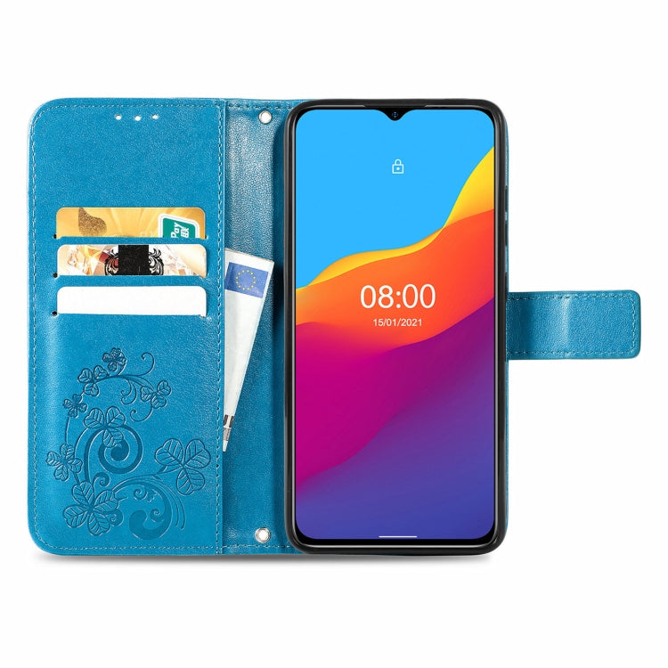 For Ulefone Note 10 Four-leaf Clasp Embossed Buckle Mobile Phone Protection Leather Case with Lanyard & Card Slot & Wallet & Bracket Function(Blue) - Ulefone Cases by PMC Jewellery | Online Shopping South Africa | PMC Jewellery | Buy Now Pay Later Mobicred