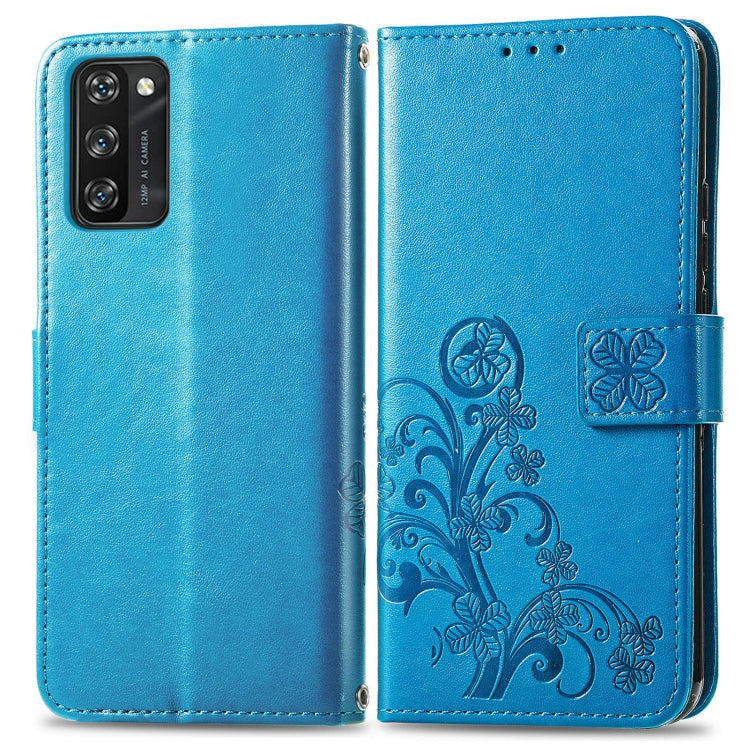 For Blackview A100 Four-leaf Clasp Embossed Buckle Mobile Phone Protection Leather Case with Lanyard & Card Slot & Wallet & Bracket Function(Blue) - More Brand by PMC Jewellery | Online Shopping South Africa | PMC Jewellery | Buy Now Pay Later Mobicred