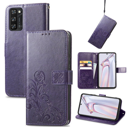 For Blackview A100 Four-leaf Clasp Embossed Buckle Mobile Phone Protection Leather Case with Lanyard & Card Slot & Wallet & Bracket Function(Purple) - More Brand by PMC Jewellery | Online Shopping South Africa | PMC Jewellery | Buy Now Pay Later Mobicred