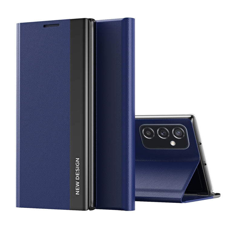 For Samsung Galaxy A73 5G Side Electroplated Magnetic Flip Leather Case with Holder(Dark Blue) - Galaxy Phone Cases by PMC TechLife | Online Shopping South Africa | PMC TechLife