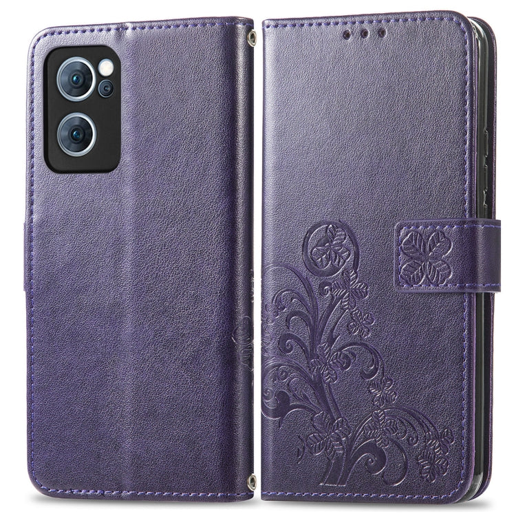 For OPPO Reno7 5G Four-leaf Clasp Embossed Buckle Leather Phone Case(Purple) - OPPO Cases by PMC Jewellery | Online Shopping South Africa | PMC Jewellery | Buy Now Pay Later Mobicred