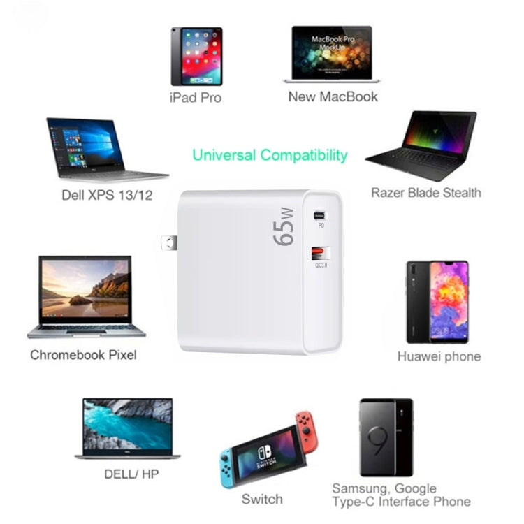 PD-65W USB-C / Type-C + QC3. 0 USB Laptop Charging Adapter + 2m USB-C / Type-C to USB-C / Type-C Data Cable Set, UK Plug / US Plug(White) - Cable & Adapter by PMC Jewellery | Online Shopping South Africa | PMC Jewellery | Buy Now Pay Later Mobicred