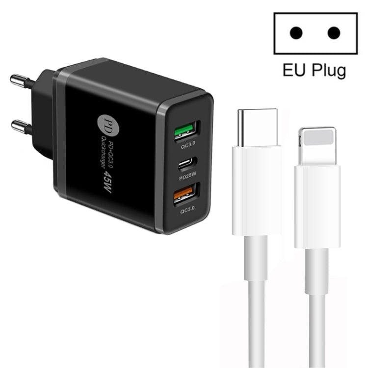 45W PD3.0 + 2 x QC3.0 USB Multi Port Charger with Type-C to 8 Pin Cable, EU Plug(Black) - USB Charger by PMC Jewellery | Online Shopping South Africa | PMC Jewellery | Buy Now Pay Later Mobicred