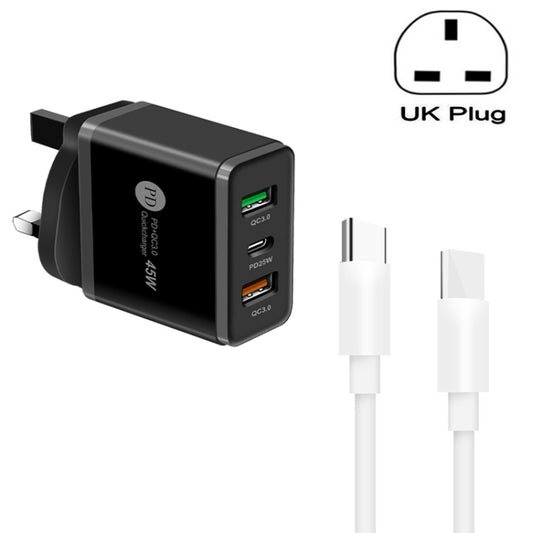 45W PD3.0 + 2 x QC3.0 USB Multi Port Charger with Type-C to Type-C Cable, UK Plug(Black) - USB Charger by PMC Jewellery | Online Shopping South Africa | PMC Jewellery | Buy Now Pay Later Mobicred