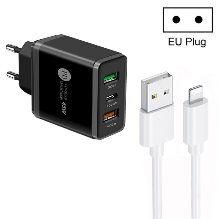 45W PD25W + 2 x QC3.0 USB Multi Port Charger with USB to 8 Pin Cable, EU Plug(Black) - USB Charger by PMC Jewellery | Online Shopping South Africa | PMC Jewellery | Buy Now Pay Later Mobicred