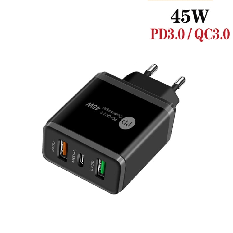 45W PD25W + 2 x QC3.0 USB Multi Port Charger with USB to 8 Pin Cable, EU Plug(Black) - USB Charger by PMC Jewellery | Online Shopping South Africa | PMC Jewellery | Buy Now Pay Later Mobicred