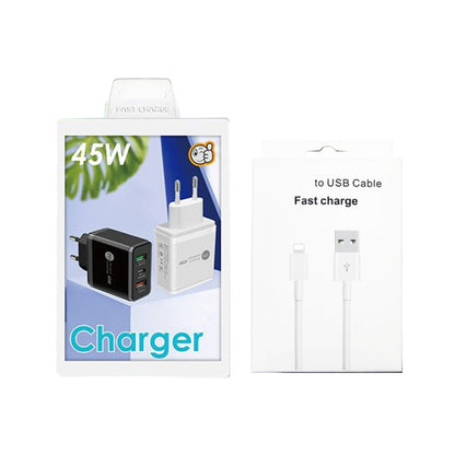 45W PD25W + 2 x QC3.0 USB Multi Port Charger with USB to 8 Pin Cable, EU Plug(Black) - USB Charger by PMC Jewellery | Online Shopping South Africa | PMC Jewellery | Buy Now Pay Later Mobicred