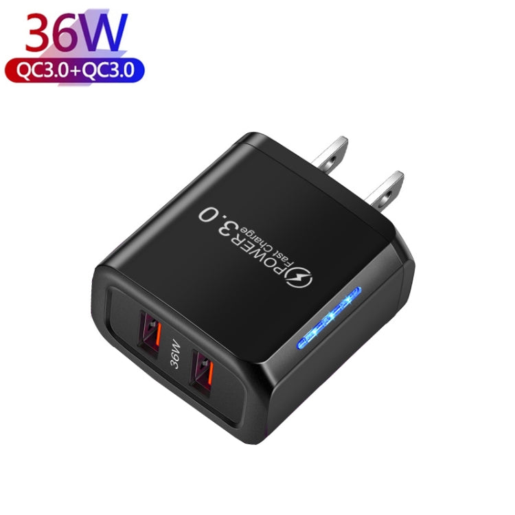 36W Dual Port QC3.0 USB Charger with 3A USB to 8 Pin Data Cable, US Plug(Black) - USB Charger by PMC Jewellery | Online Shopping South Africa | PMC Jewellery | Buy Now Pay Later Mobicred