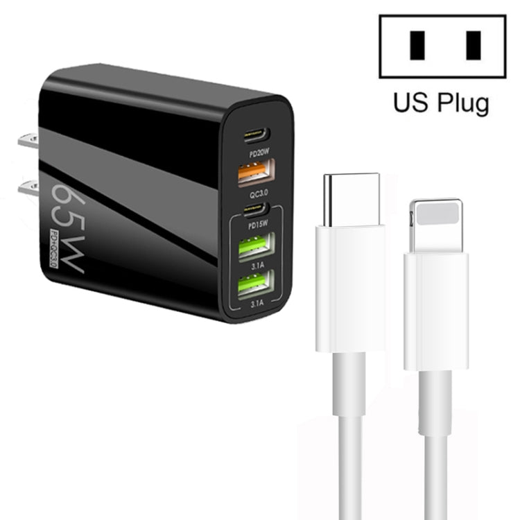 65W Dual PD Type-C + 3 x USB Multi Port Charger with 3A Type-C to 8 Pin Data Cable, US Plug(Black) - USB Charger by PMC Jewellery | Online Shopping South Africa | PMC Jewellery | Buy Now Pay Later Mobicred