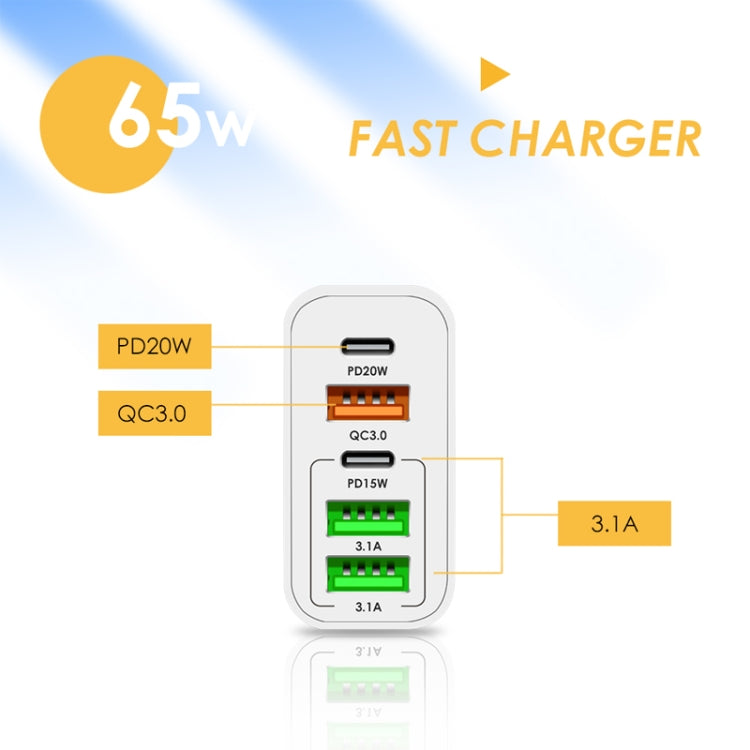 65W Dual PD Type-C + 3 x USB Multi Port Charger with 3A USB to Type-C Data Cable, EU Plug(White) - USB Charger by PMC TechLife | Online Shopping South Africa | PMC TechLife | Buy Now Pay Later Mobicred