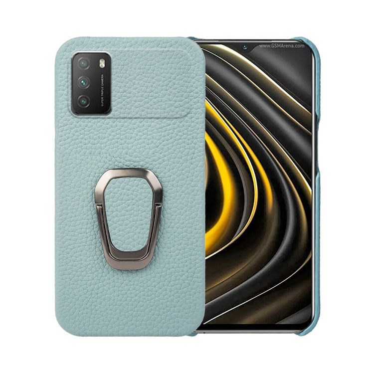 For Xiaomi Poco M3 Ring Holder Litchi Texture Genuine Leather Phone Case(Cyan) - Xiaomi Cases by PMC Jewellery | Online Shopping South Africa | PMC Jewellery | Buy Now Pay Later Mobicred