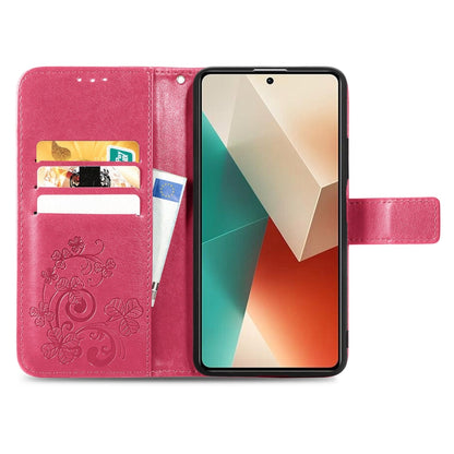 For Xiaomi Redmi Note 13 4G Four-leaf Clasp Embossed Leather Phone Case(Magenta) - Note 13 Cases by PMC Jewellery | Online Shopping South Africa | PMC Jewellery | Buy Now Pay Later Mobicred