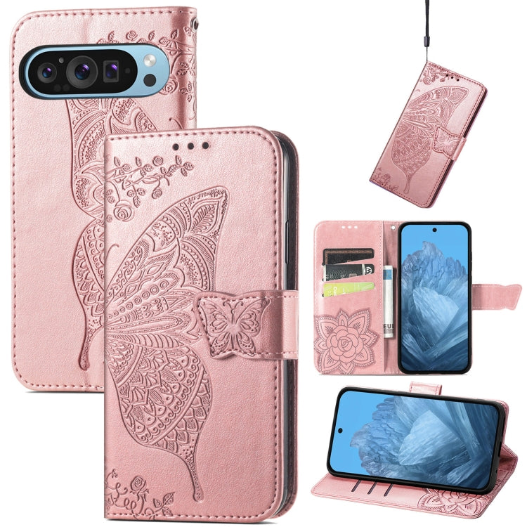 For Google Pixel 9 Butterfly Love Flower Embossed Leather Phone Case(Rose Gold) - Google Cases by PMC Jewellery | Online Shopping South Africa | PMC Jewellery | Buy Now Pay Later Mobicred