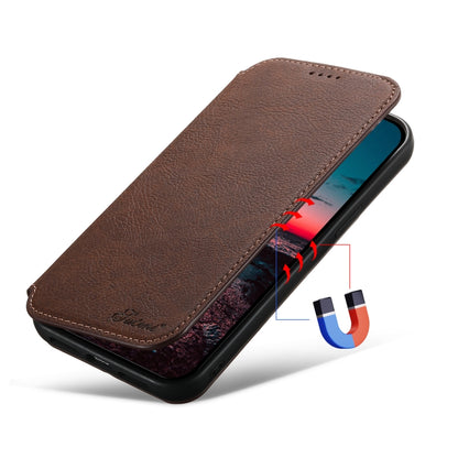 For iPhone 14 Plus Suteni J06 Retro Matte Litchi Texture Leather Magnetic Magsafe Phone Case(Brown) - iPhone 14 Plus Cases by Suteni | Online Shopping South Africa | PMC Jewellery | Buy Now Pay Later Mobicred