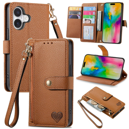 For iPhone 16 Plus Love Zipper Lanyard Leather Phone Case(Brown) - iPhone 16 Plus Cases by PMC Jewellery | Online Shopping South Africa | PMC Jewellery | Buy Now Pay Later Mobicred