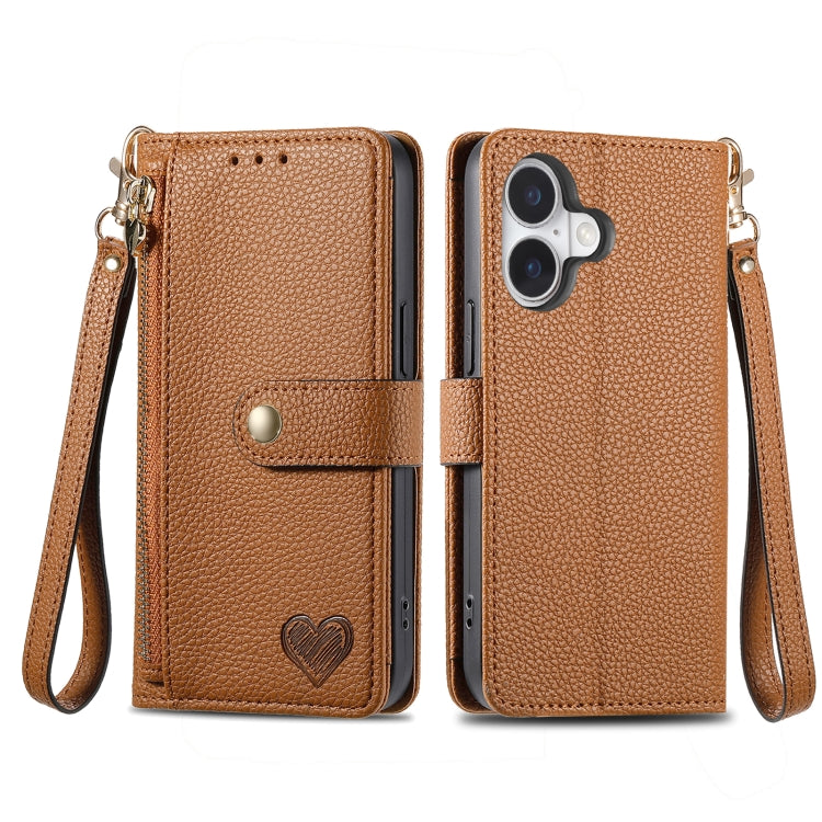 For iPhone 16 Plus Love Zipper Lanyard Leather Phone Case(Brown) - free shipping - PMC Jewellery - Order now!