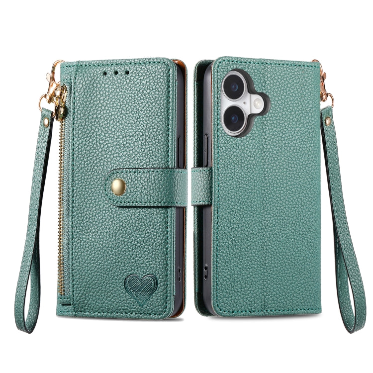 For iPhone 16 Plus Love Zipper Lanyard Leather Phone Case(Green) - iPhone 16 Plus Cases by PMC Jewellery | Online Shopping South Africa | PMC Jewellery | Buy Now Pay Later Mobicred