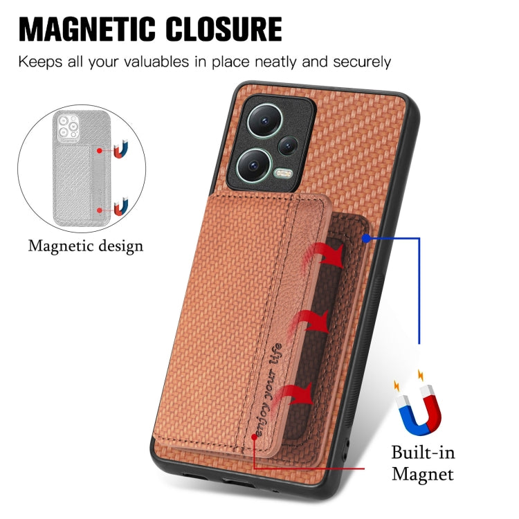 For Redmi Note 12 5G Carbon Fiber Magnetic Card Bag Phone Case(Brown) - Xiaomi Cases by PMC Jewellery | Online Shopping South Africa | PMC Jewellery | Buy Now Pay Later Mobicred