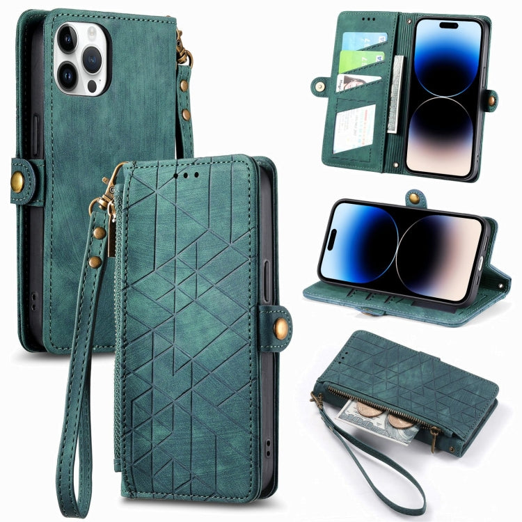 For iPhone 14 Pro Geometric Zipper Wallet Side Buckle Leather Phone Case(Green) - free shipping - PMC TechLife - Order now!