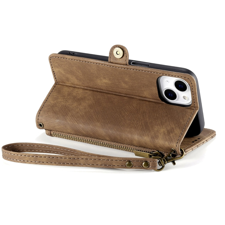 For iPhone 15 Plus Geometric Zipper Wallet Side Buckle Leather Phone Case(Brown) - free shipping - PMC TechLife - Order now!