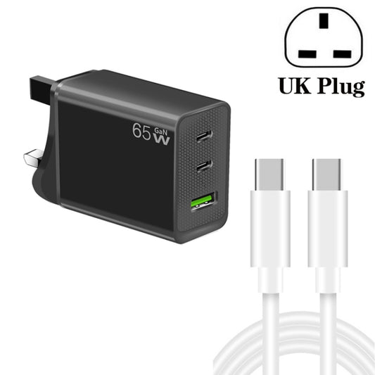 GaN PD65W Type-C x 2 + USB3.0 Charger with Type-C to Type-C Data Cable ,UK Plug(Black) - USB Charger by PMC Jewellery | Online Shopping South Africa | PMC Jewellery | Buy Now Pay Later Mobicred