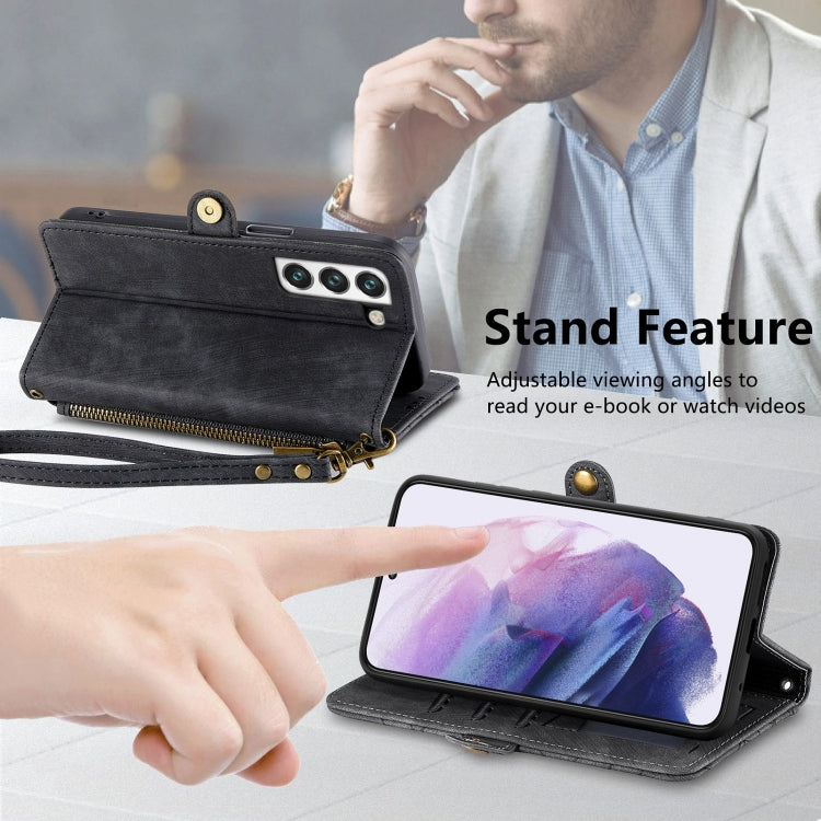 For Samsung Galaxy S21+ 5G Geometric Zipper Wallet Side Buckle Leather Phone Case(Black) - free shipping - PMC TechLife - Order now!