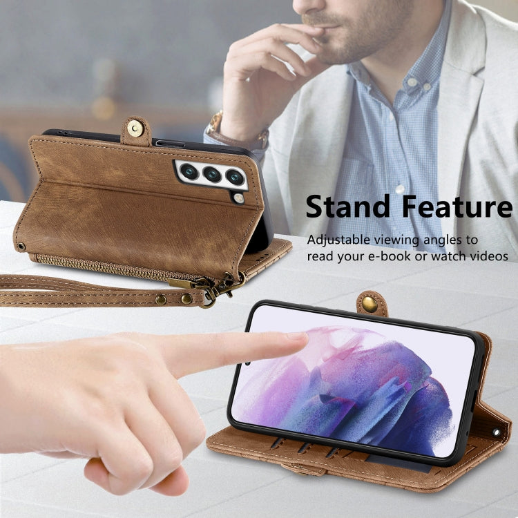 For Samsung Galaxy S21 FE 5G Geometric Zipper Wallet Side Buckle Leather Phone Case(Brown) - free shipping - PMC TechLife - Order now!