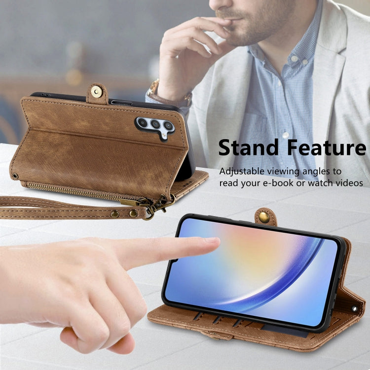 For Samsung Galaxy A22 5G Geometric Zipper Wallet Side Buckle Leather Phone Case(Brown) - free shipping - PMC TechLife - Order now!