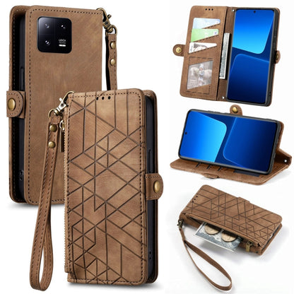 For Xiaomi 13 Pro Geometric Zipper Wallet Side Buckle Leather Phone Case(Brown) - 13 Pro Cases by PMC Jewellery | Online Shopping South Africa | PMC Jewellery | Buy Now Pay Later Mobicred