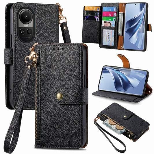 For OPPO Reno10 / 10 Pro Global Love Zipper Lanyard Leather Phone Case(Black) - OPPO Cases by PMC Jewellery | Online Shopping South Africa | PMC Jewellery