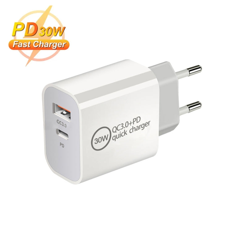 PD30W USB-C / Type-C + QC3.0 USB Dual Port Charger with 1m USB to 8 Pin Data Cable, EU Plug - USB Charger by PMC Jewellery | Online Shopping South Africa | PMC Jewellery | Buy Now Pay Later Mobicred