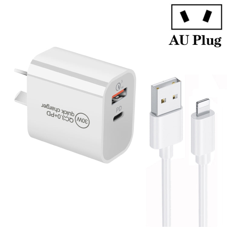 PD30W USB-C / Type-C + QC3.0 USB Dual Port Charger with 1m USB to 8 Pin Data Cable, AU Plug - free shipping - PMC Jewellery - Order now!
